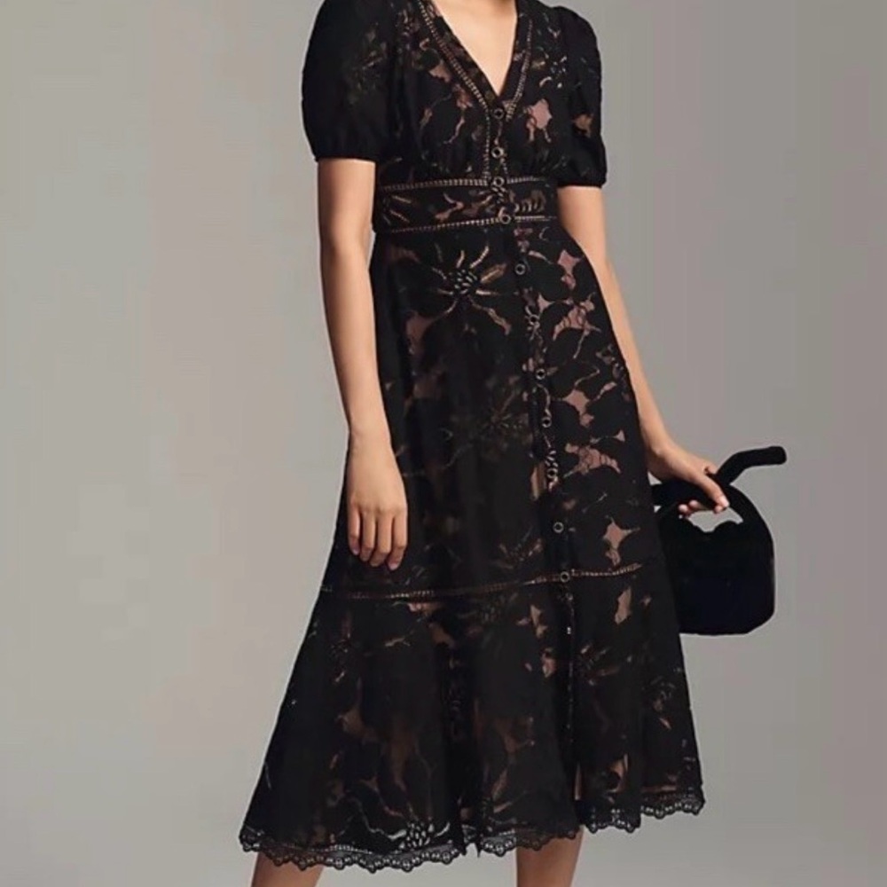 Anthropologie Black Lace Midi Dress with Nude Underlay